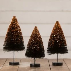 Bethany Lowe Black Bottle Brush Trees With Orange Glitter