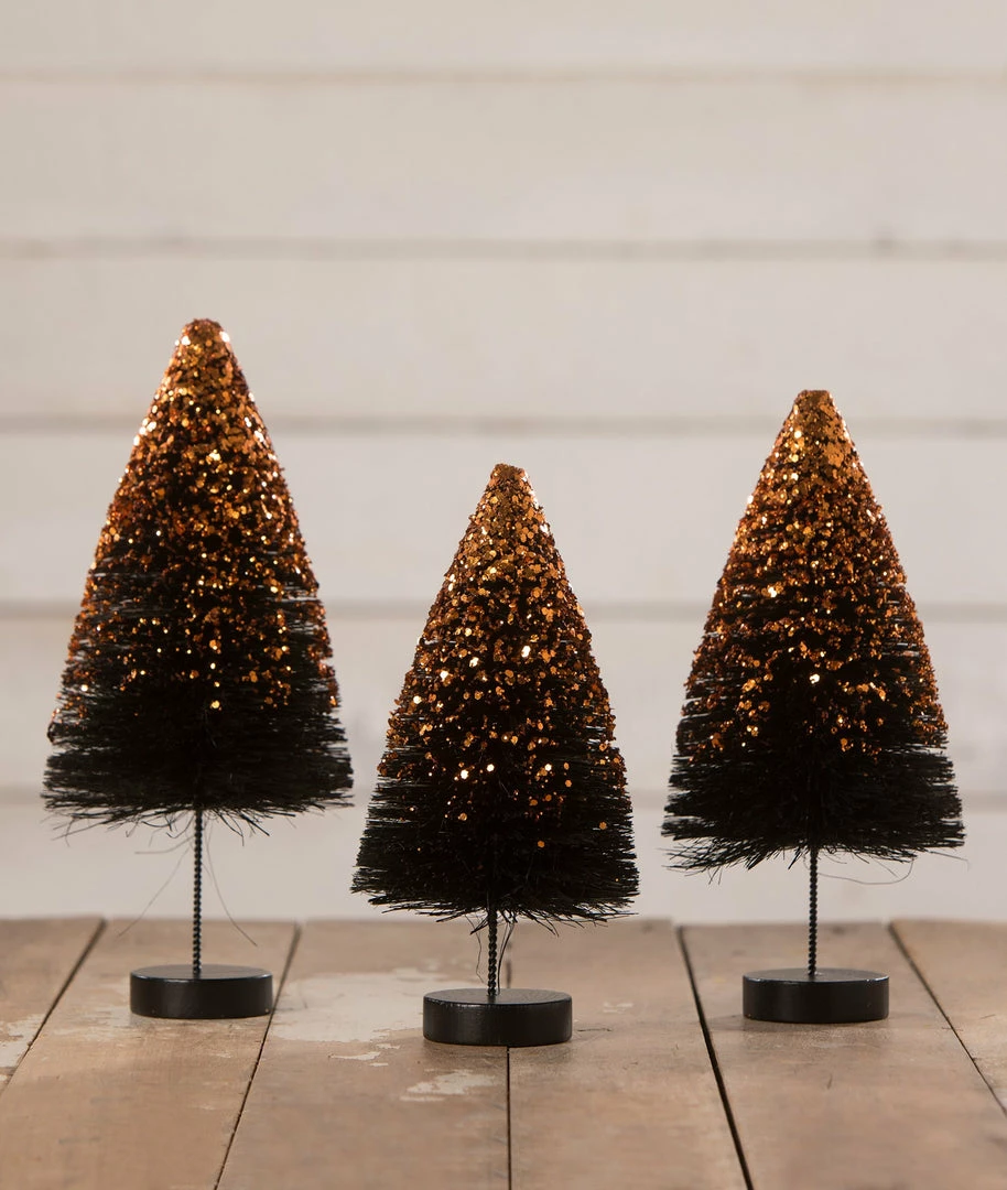 Bethany Lowe Black Bottle Brush Trees With Orange Glitter 3 Bethany Lowe Black Bottle Brush Trees With Orange Glitter