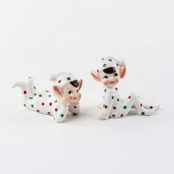 One Hundred 80 Degrees Elves In Polka Dot Pajamas, Ceramic Figurines