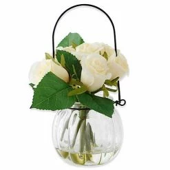 K&K Interiors Faux White Roses In Vase With Wire Hanger