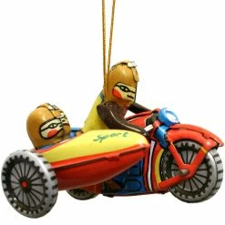 TheHolidayBarn.com Motorcycle With Sidecar Tin Toy Reproduction Ornament Christmas