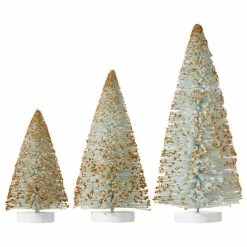 Raz Flocked Blue-Green Bottle Brush Trees Dusted With Gold Glitter