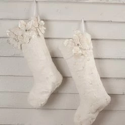 Bethany Lowe Winter White Poinsettia Fur Stockings, Set Of 2