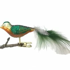 Old German Christmas Orange & Green Glitter Bird Clip With Feathers